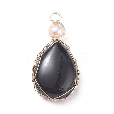 Natural Obsidian Copper Wire Wrapped Pendants PALLOY-JF01398-05-1