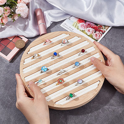 8-Slot Flat Round Bamboo Finger Ring Display Plates RDIS-WH0009-016A-1
