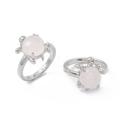 Natural Rose Quartz Turtle Open Cuff Ring RJEW-P082-01P-24-1
