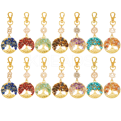 14Pcs 7 Colors Chakra Natural & Synthetic Gemstone Chips Beads & Alloy Tree of Life Pendant Decorations HJEW-FH00151-1