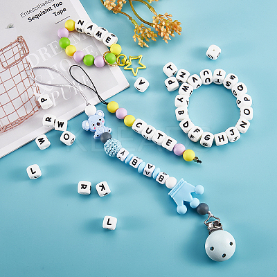 20Pcs White Cube Letter Silicone Beads 12x12x12mm Square Dice Alphabet Beads with 2mm Hole Spacer Loose Letter Beads for Bracelet Necklace Jewelry Making JX432R-1