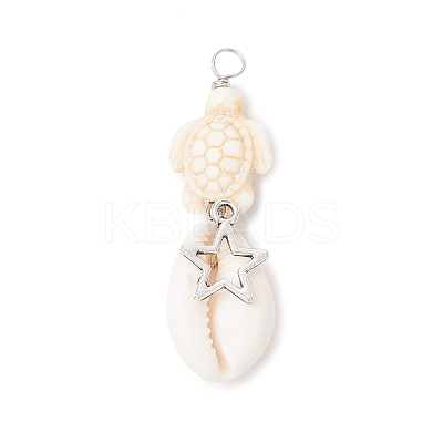 5Pcs 5 Styles Natural Cowrie Shell & Dyed Synthetic Turquoise Turtle Copper Wire Wrapped Pendants PALLOY-JF04034-03-1