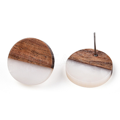 Resin & Walnut Wood Flat Round Stud Earrings with 304 Stainless Steel Pin for Women EJEW-TADZ001-02B-1
