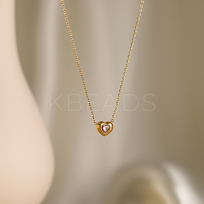 304 Stainless Steel Pave Cubic Zirconia Heart Pendant Cable Chain Necklaces for Women WG320DC-04-1