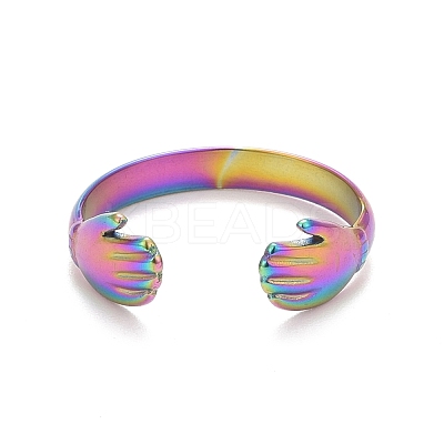 Ion Plating(IP) Rainbow Color 304 Stainless Steel Double Hand Hug Open Cuff Ring for Women RJEW-C025-08B-M-1