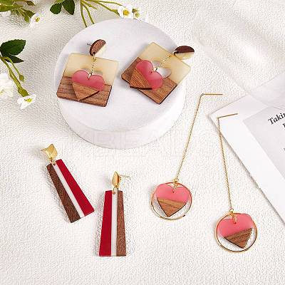 3 Pairs 3 Style Heart & Trapezoid & Square Resin & Walnut Wood Dangle Stud Earring EJEW-SW00014-01-1