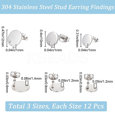 36Pcs 3 Size Flat Round 304 Stainless Steel Stud Earring Findings STAS-SP0001-59P-1