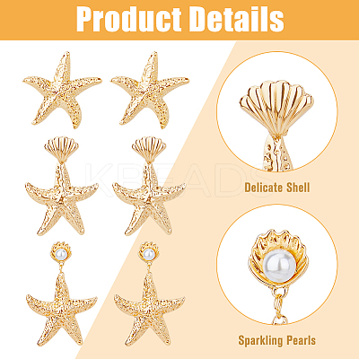 3 Pairs 3 Style Alloy Starfish Dangle Stud Earrings with Plastic Pearl Beaded EJEW-FI0002-95-1