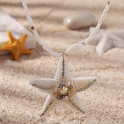 Ocean Starfish Cloth Shell with Rhinestone Pendant White Glass Beaded Necklaces for Women FS-WGEED08-02-1