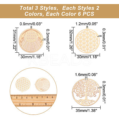 36Pcs 6 Style Rack Plating Brass Filigree Pendants Sets KKC-AR0001-01-1