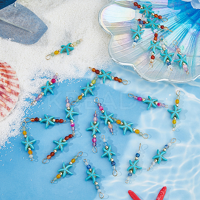 24Pcs 4 Colors Summer Beach Dyed Synthetic Turquoise Starfish & Natural Mixed Stone Faceted Round Beaded Connector Charms PALLOY-FH00160-1