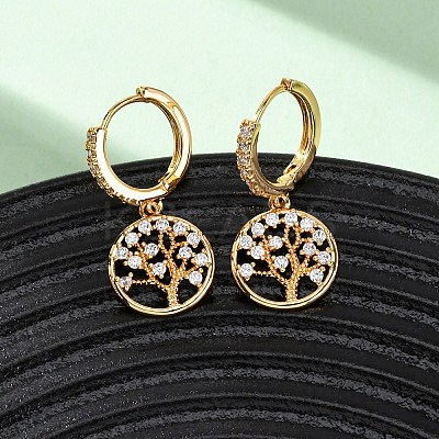 Tree Brass Micro Pave Clear Cubic Zirconia Hoop Earrings EJEW-F384-01G-1