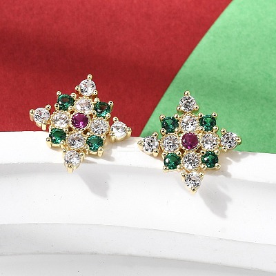 Rhombus Brass Micro Pave Cubic Zirconia Stud Earrings EJEW-L306-02G-1