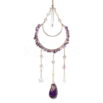 Moon Iron & Natural Amethyst Chip Pendant Decorations AJEW-Q143-09-1