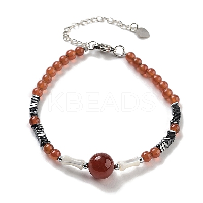 Natural Carnelian Round & Synthetic Non-magnetic Hematite & White Shell Beaded Bracelets for Women BJEW-K251-02C-1