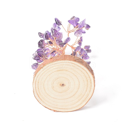 Natural Amethyst Chips with Brass Wrapped Wire Money Tree on Wood Base Display Decorations DJEW-B007-05B-1