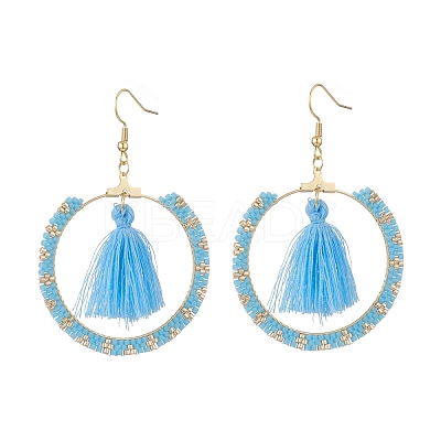 Glass Seed Braided Ring & Polycotton Tassel Dangle Earrings EJEW-MZ00051-1