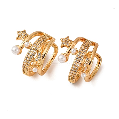 Star with Moon Brass Micro Pave Clear Cubic Zirconia Cuff Earrings EJEW-Z127-08G-1