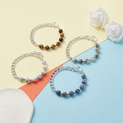 Natural Mixed Stone Round Beaded Bracelets Set with Curb Chain for Men Women BJEW-TA00048-1