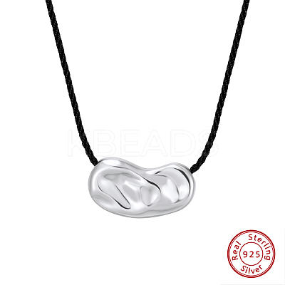 925 Sterling Silver Textured Coffee Bean Pendant Adjustable Black Polyester Cord Necklaces for Women NJEW-H074-03S-1