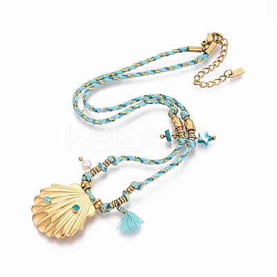 304 Stainless Steel Shell Shape Pendant Cotton Cord Necklaces NJEW-C093-05C-G-1