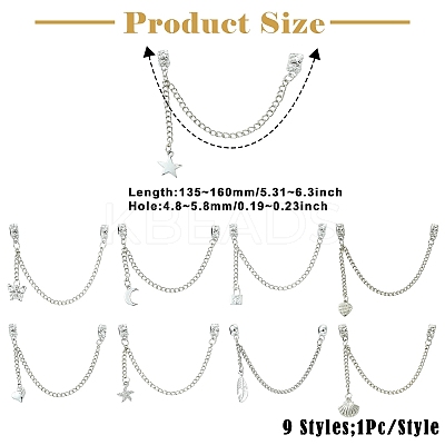 9Pcs 9 Styles Zinc Alloy European Safety Chains with Dangle Charms HJEW-CJ0001-23-1