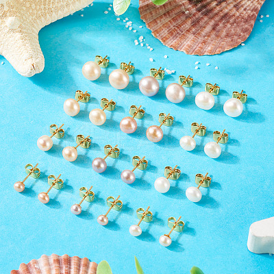 6Pcs 3 Colors Natural Cultured Freshwater Pearl Stud Earrings EJEW-TAC00026-1