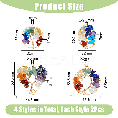 8Pcs 4 Styles 7 Chakra Gemstone Copper Wire Wrapped Chips Pendants G-HY0001-41-1