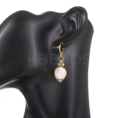 Flat Round Natural White Shell & Brass Leverback Earrings EJEW-JE06897-1