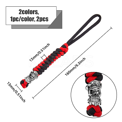 2Pcs 2 Style Braided Polyester EDC Knife Parachute Lanyard Alloy Spartan Skull Bead Pendant Decoration for Men HJEW-HY0001-08-1