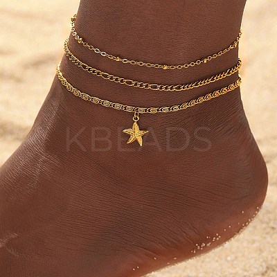 Summer Beach 304 Stainless Steel Starfish Charms 3 Layer Anklets for Women LS-AJEW-F068-01G-1