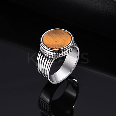 304 Stainless Steel with Natural Tiger Eye Finger Rings for Men FS-WGE1297-02-1