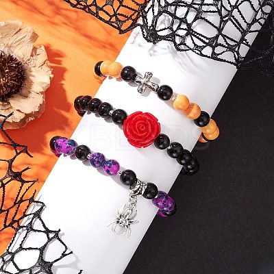 3Pcs Halloween Theme Baking Paint Glass Round Beads Stretch Bracelets for Women BJEW-MZ00186-1