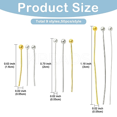 450Pcs 9 Styles Brass Ball Head Pins KK-YW0004-21-1