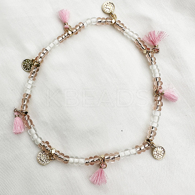Bohemian Style Alloy Coin Charm Tassel Plastic Seed Beaded Stretch Anklets FS-WGB8A48-08-1