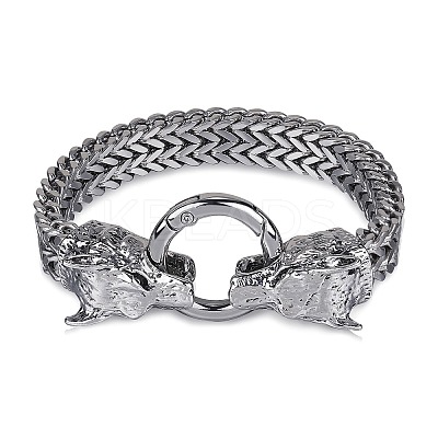 304 Stainless Steel Wolf Link Bracelet with Mesh Chains for Men Women BJEW-SZ0002-65-1