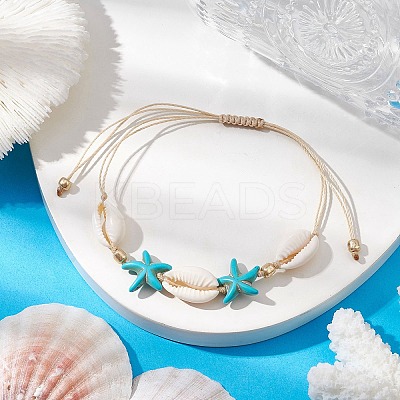 Synthetic Turquoise Beads with Natural Mixed Cowrie Shell Beads Anklet AJEW-AN00577-02-1