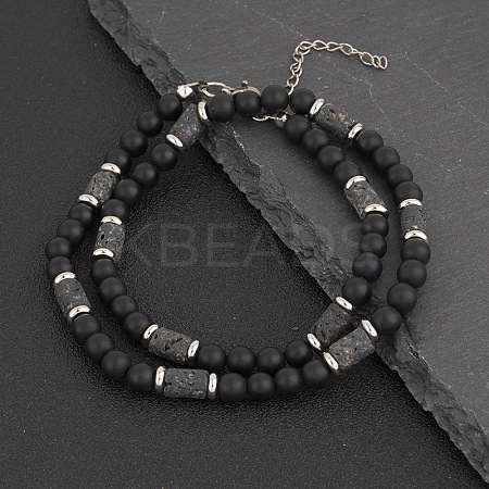 Natural Black Onyx(Dyed & Heated) Round and Lava Rock Column Beaded Necklaces for Men LS-AD4538-1-1