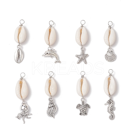 8Pcs 8 Styles Natural Cowrie Shell & Alloy Sea Animals Pendants PALLOY-JF03750-1