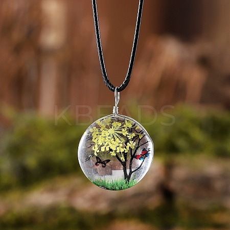 Flat Round Glass with Dried Flower Tree Inner Pendant Black Waxed Cord Necklaces FS-WG87A6D-11-1