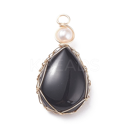 Natural Obsidian Copper Wire Wrapped Pendants PALLOY-JF01398-05-1