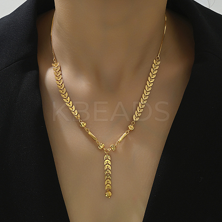 Fashionable Brass Leaf Tassel Pendant Necklace for Women Lock Bone Chain IL3833-1