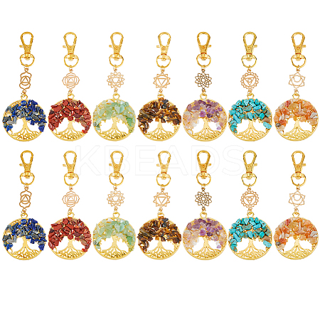 14Pcs 7 Colors Chakra Natural & Synthetic Gemstone Chips Beads & Alloy Tree of Life Pendant Decorations HJEW-FH00151-1