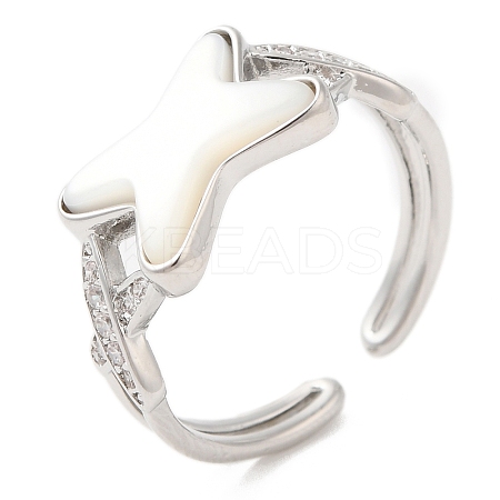 Natural Shell Criss Cross Open Cuff Ring with Cubic Zirconia RJEW-G288-05P-1
