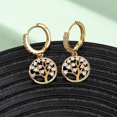 Tree Brass Micro Pave Clear Cubic Zirconia Hoop Earrings EJEW-F384-01G-1
