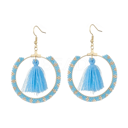 Glass Seed Braided Ring & Polycotton Tassel Dangle Earrings EJEW-MZ00051-1