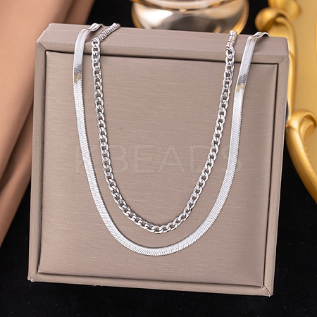 304 Stainless Steel Twisted Chain Flat Snake Chain Double Layer Necklaces LS-NJEW-D350-03P-1