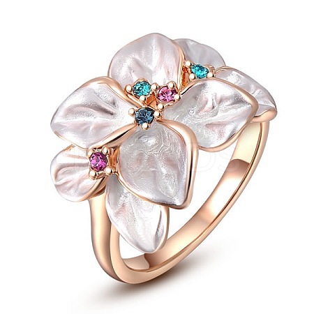 18K Real Rose Gold Plated Eco-Friendly Alloy Czech Rhinestone Flower Rings RJEW-AA00298-7#-RG-1