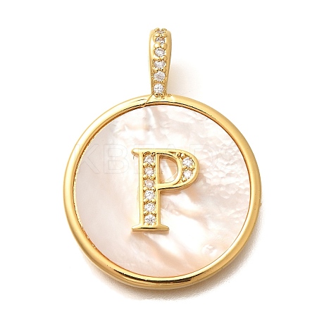 Rack Plating Brass Micro Pave Clear Cubic Zirconia Pendants with Shell KK-M309-42G-P-1