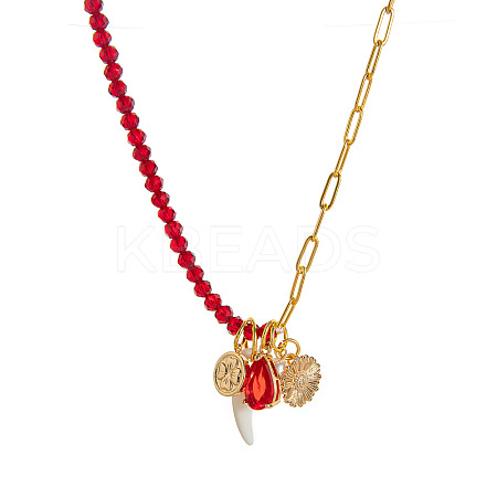 Brass Resin Pendant Red Glass Beaded Paperclip Chain Necklaces FS-WG0AB01-04-1